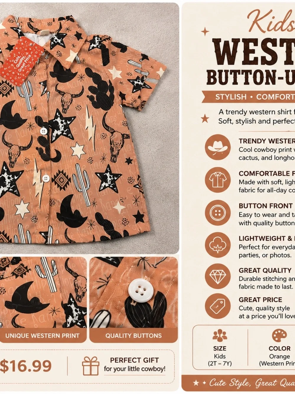 Kids Orange Western Button-Up Shirt with Cowboy Print
